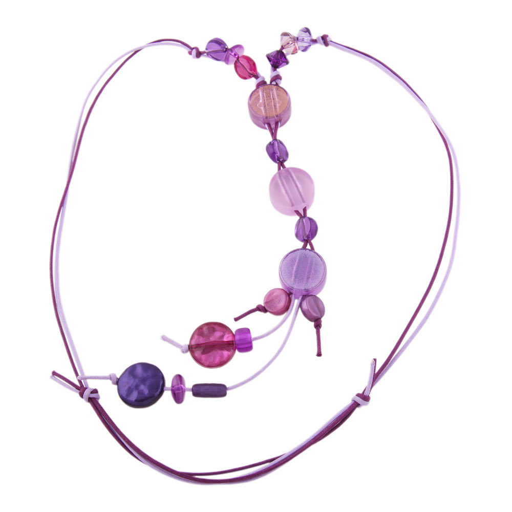 Kette flache lila Perlen Kunststoff mit 2-fach lila Kordel 80cm (Länge 80cm)