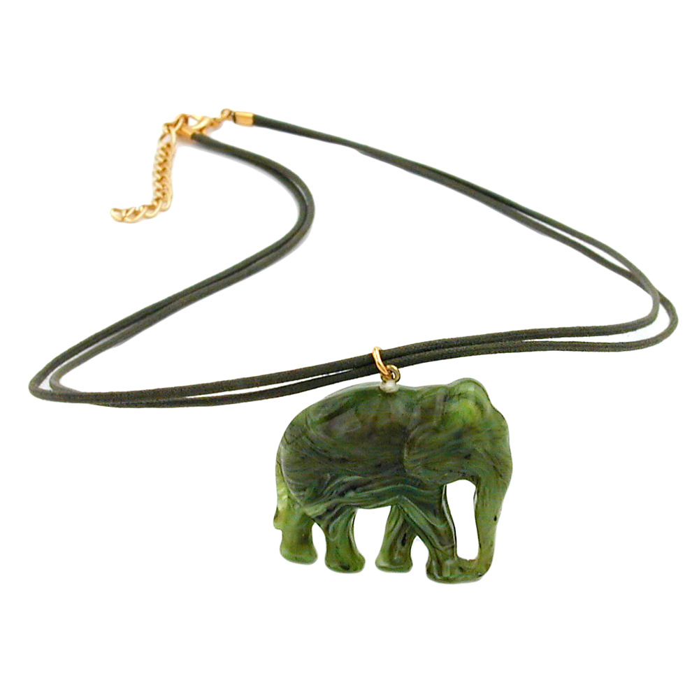 Kette 35x32x18mm Elefant Kunststoff olivgrün-marmoriert glänzend Kordel oliv 50cm (Länge 50cm, oliv - grün)