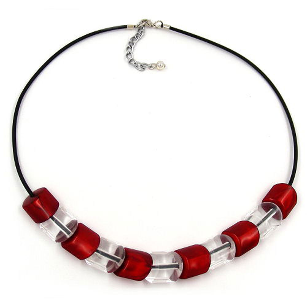 Kette Schrägperle Kunststoff rot-kristall-transparent Vollgummi schwarz 45cm (Länge 45cm)