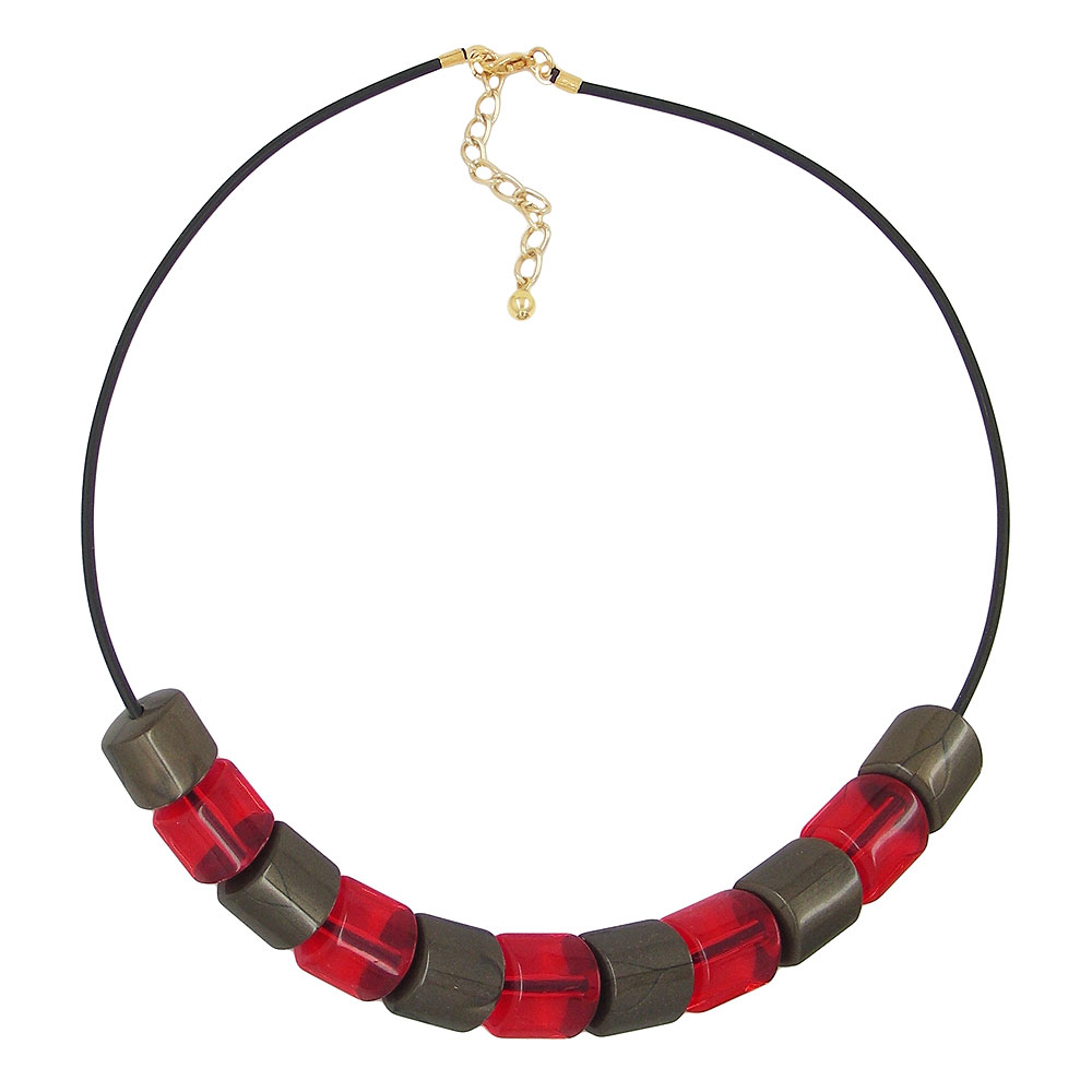 Kette Schrägperle Kunststoff rot-transparent und schlammfarben Vollgummi schwarz 45cm (Länge 45cm, rot)