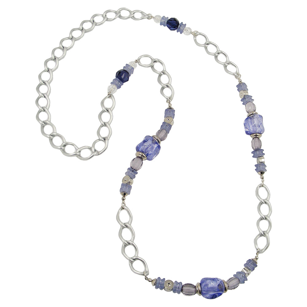 Kette Kunststoffperlen Steinperle blau Weitpanzerkette Aluminium hellgrau 90cm (Länge 90cm, blau)