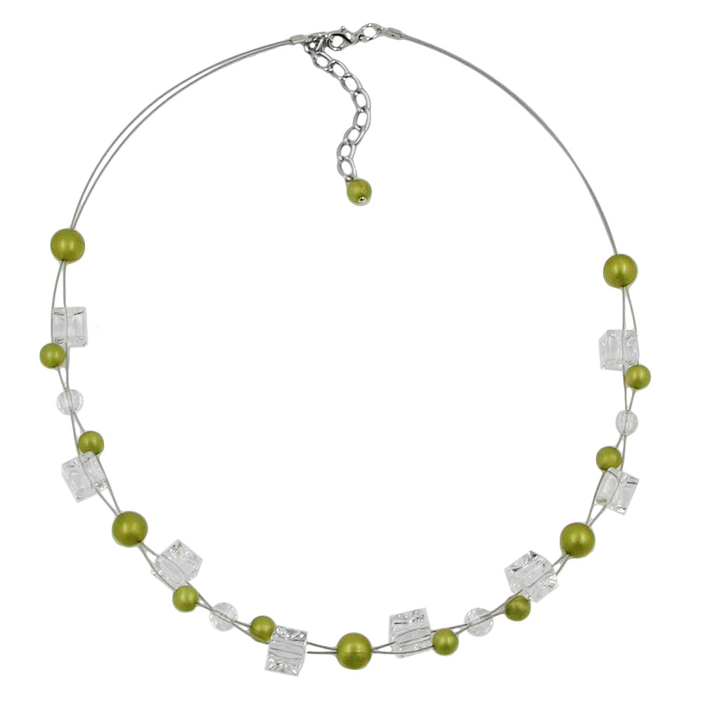 Kette Drahtkette Würfel oliv-seidig und transparente Kunststoffperlen 42cm (Länge 45cm, hellgrün)