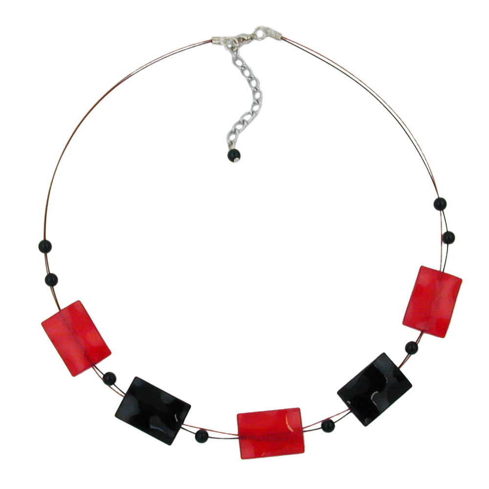 Kette Drahtkette Viereck gewellt rot-schwarz glänzend Kunststoffperlen 45cm (Länge 45cm, rot - schwarz)
