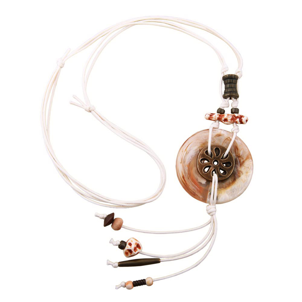 Kette 58mm Scheibe Kunststoff natur-beige-marmoriert Kordel 95cm (Länge 95cm)