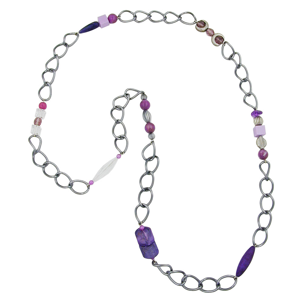Kette Kunststoffperlen lila kristall altsilberfarben Weitpanzerkette Aluminium dunkelgrau 95cm (Länge 95cm, violett)