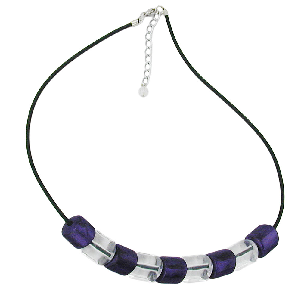 Kette Schrägperle Kunststoff lila-seidig und kristallklar-transparent Vollgummi schwarz 45cm (Länge 45cm, flieder - violett)