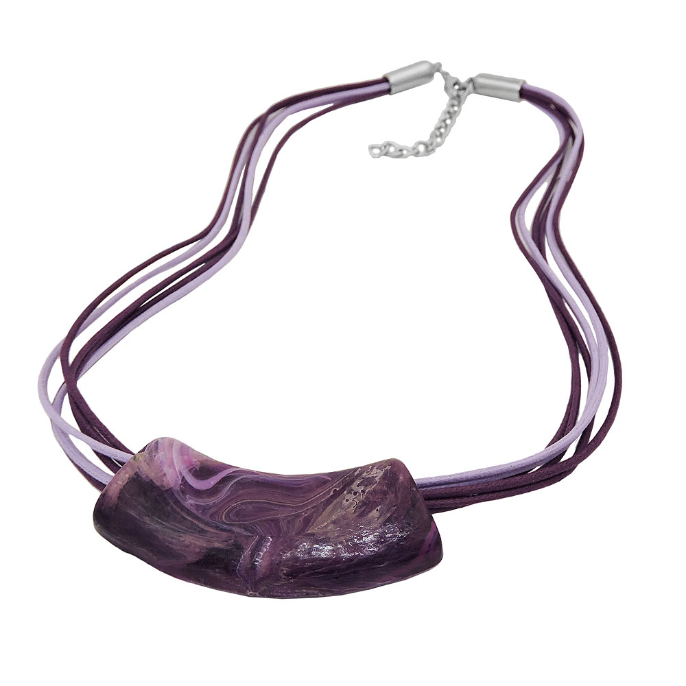 Kette 54x19mm Anhänger Rohr flach gebogen dunkellila-weiß-marmoriert glänzend Kunststoff 45cm (Länge 45cm, lila - weiß)