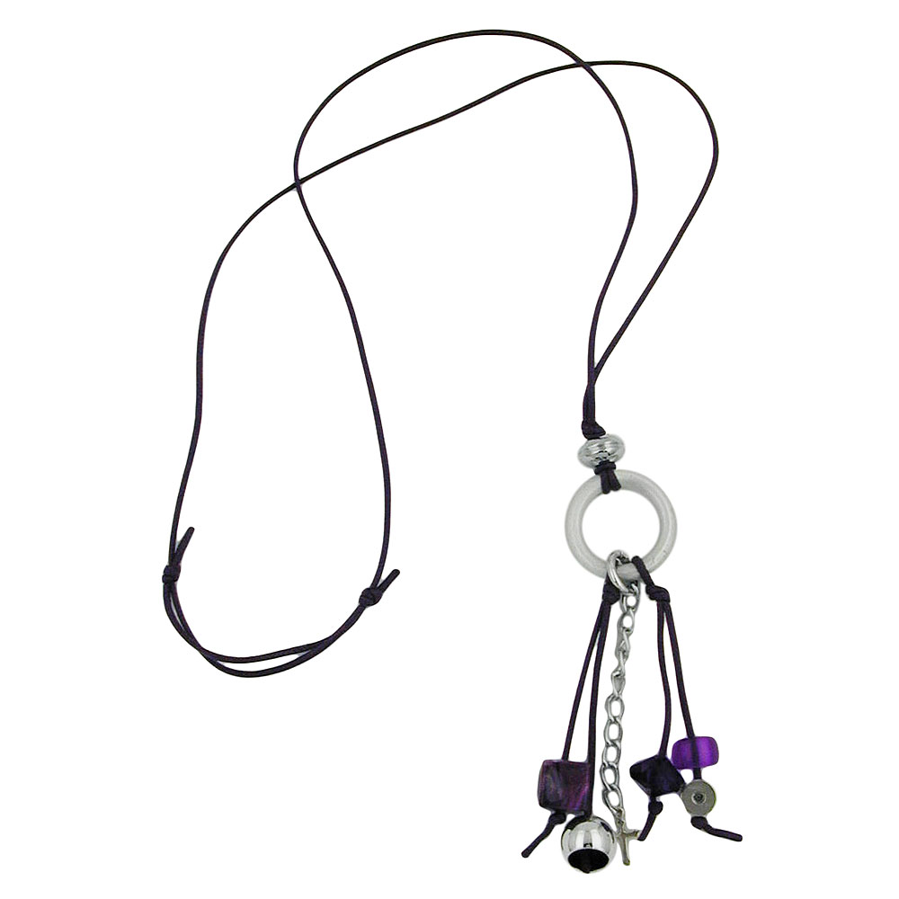 Kette Ring Aluminium hellgrau Perlen silberfarben lila Kordel lila 80cm (Länge 80cm)