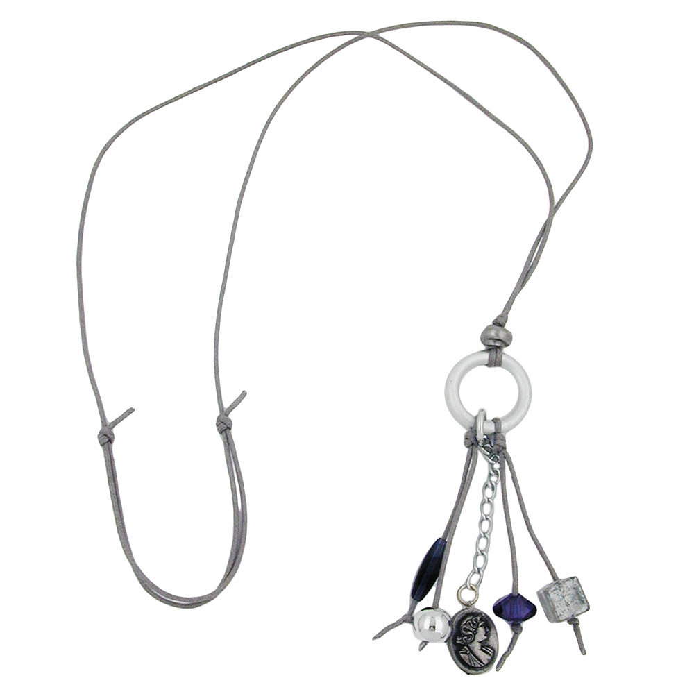 Kette Ring Aluminium hellgrau Perlen silberfarben blau Kordel schwarz 80cm (Länge 80cm)