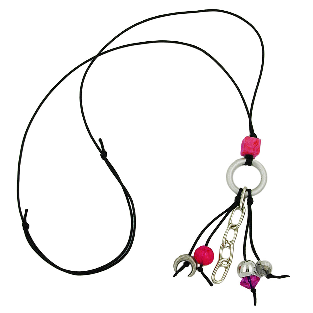 Kette Ring Aluminium hellgrau Perlen silberfarben pink rosa Kordel schwarz 80cm (Länge 80cm)
