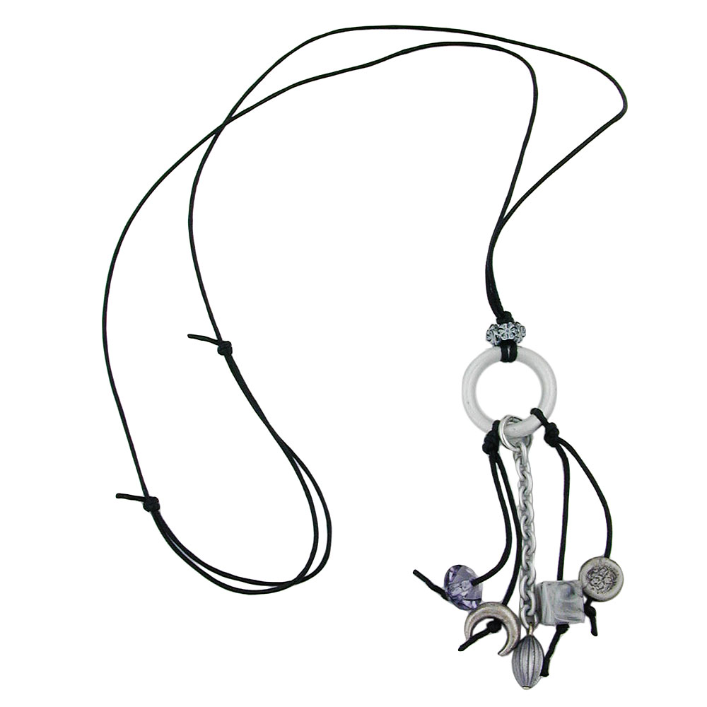 Kette Ring Aluminium hellgrau Perlen altsilberfarben grau Kordel schwarz 80cm (Länge 80cm)