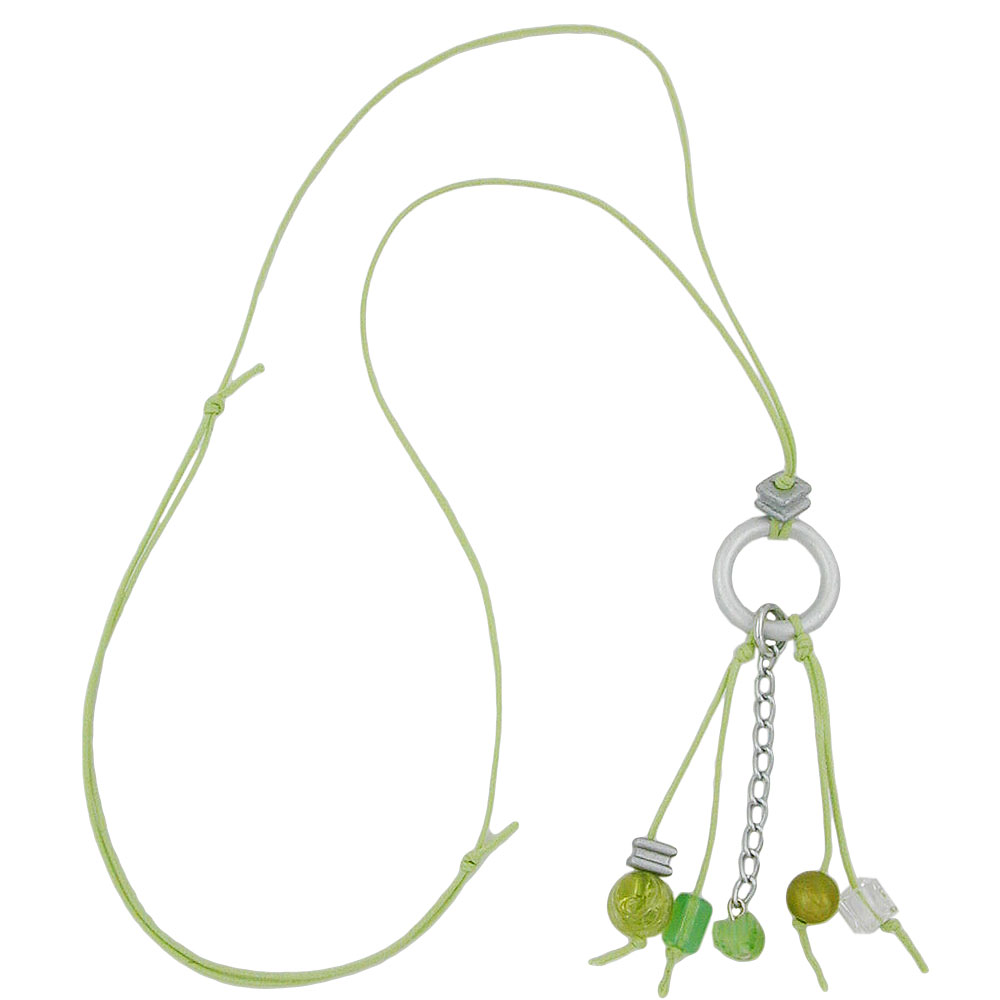 Kette Ring Aluminium silbergrau Perlen grün Kordel hellgrün 90cm (Länge 90cm)