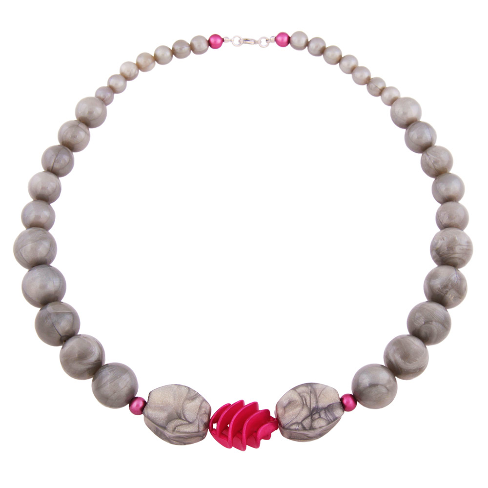 Kette Rundperlen grau Spiralperle pink 62cm (Länge 62cm)