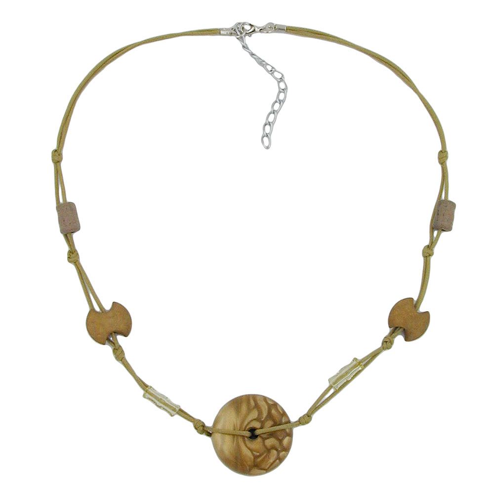 Kette 30x11mm Kunststoffperle Scheibe oliv-seidig glänzend Kordel oliv 50cm (Länge 50cm)