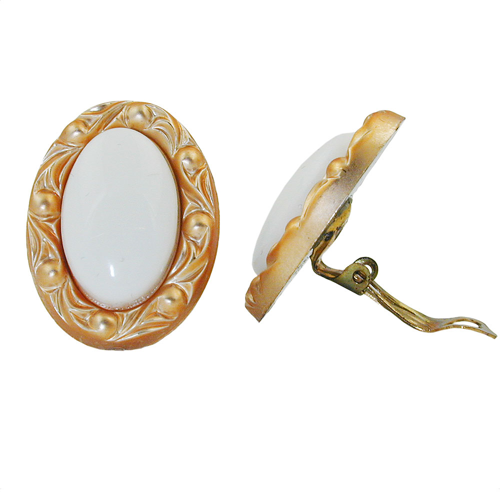 Clip Ohrring 30x21mm oval weiß mit Rahmen goldfarbig Kunststoff-Bouton (weiß)