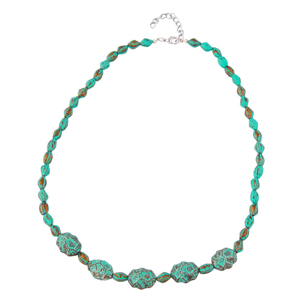 Kette Krokoperle und Olive türkisgrün mit patina Kunststoff 55cm (Länge 55cm)