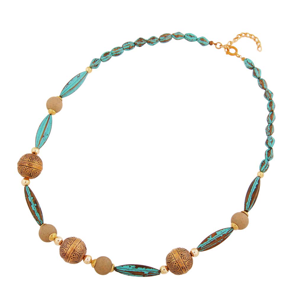Kette türkis-patina und altgoldfarbene Perlen aus Kunststoff 55cm (Länge 55cm)