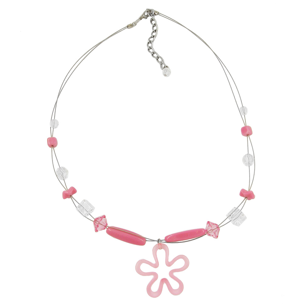 Kette Drahtkette mit Glas- und Kunststoffperlen rosa-transparent mit rosa Blume 45cm (Länge 45cm)