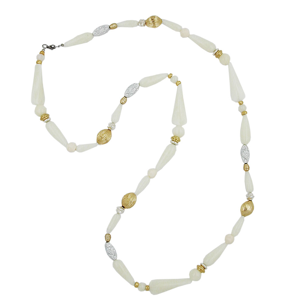 Kette Kunststoffperlen cremefarben goldfarben extra lang 110cm (Länge 96cm, natur)
