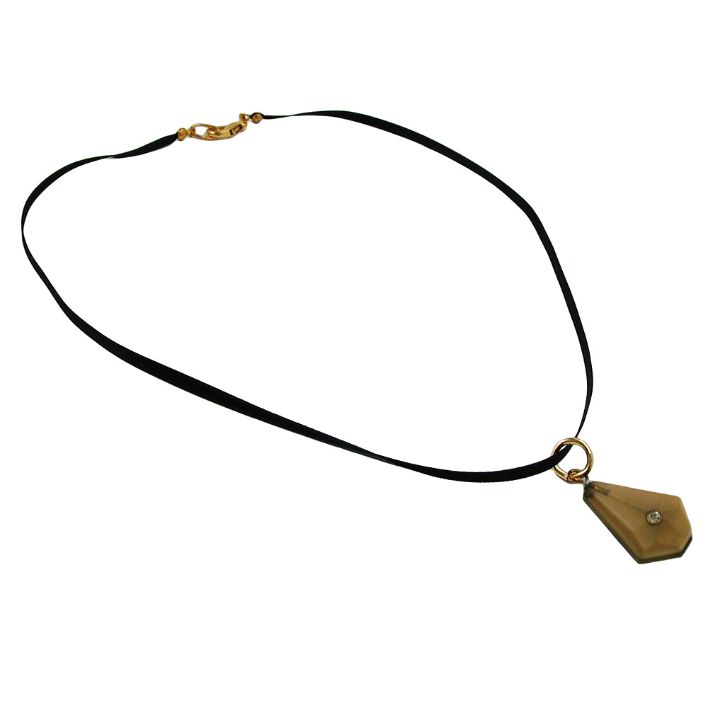 Kette 28x17mm Trapez Kunststoff mit weißem Glas-Stein oliv-braun-khaki Textilband schwarz 42cm (Länge 42cm)