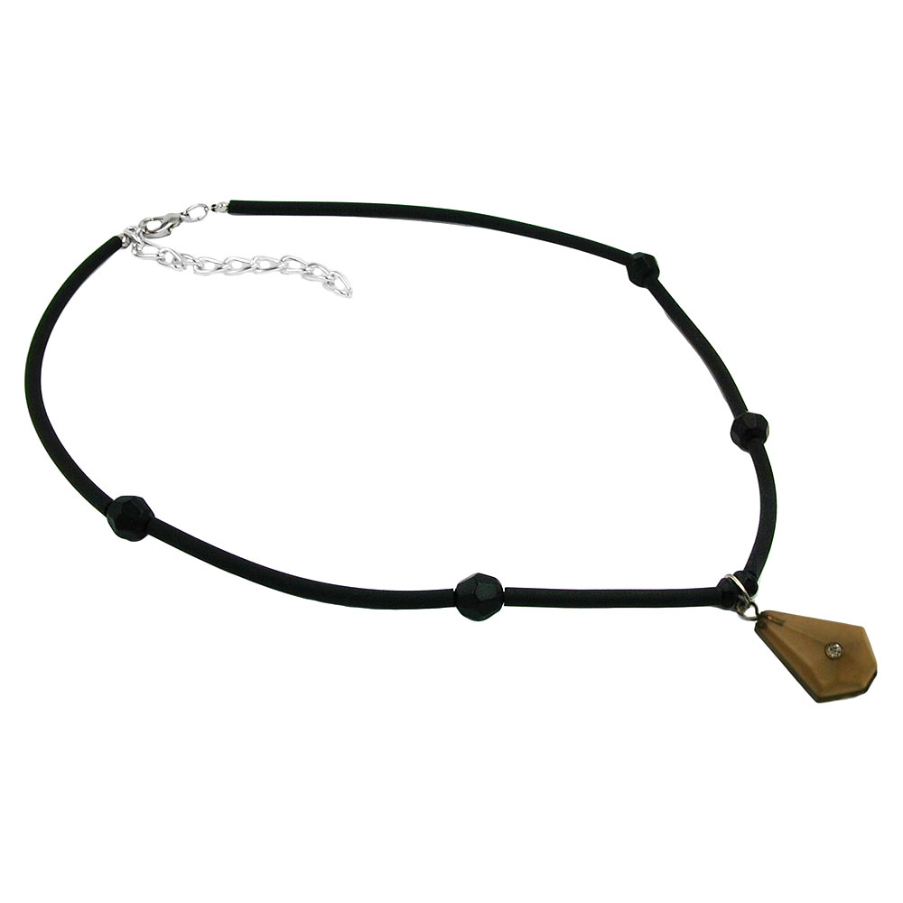 Kette 28x17mm Trapez Kunststoff mit weißem Glas-Stein oliv-braun-khaki Gummi-Schlauch schwarz 45cm (Länge 45cm, oliv-khaki)