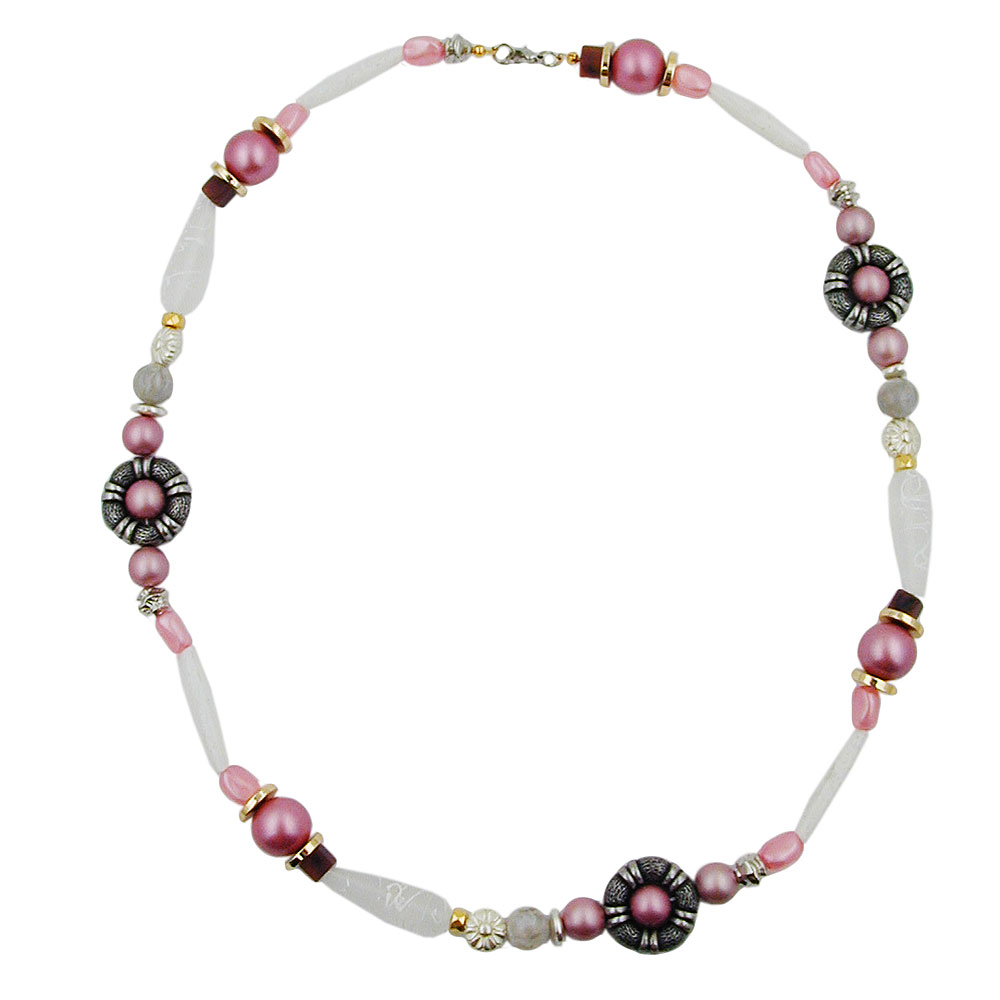 Kette altsilberfarbene Ringperle rosa-weiß-altsilber-gold Kunststoff 60cm (Länge 60cm, rosa)