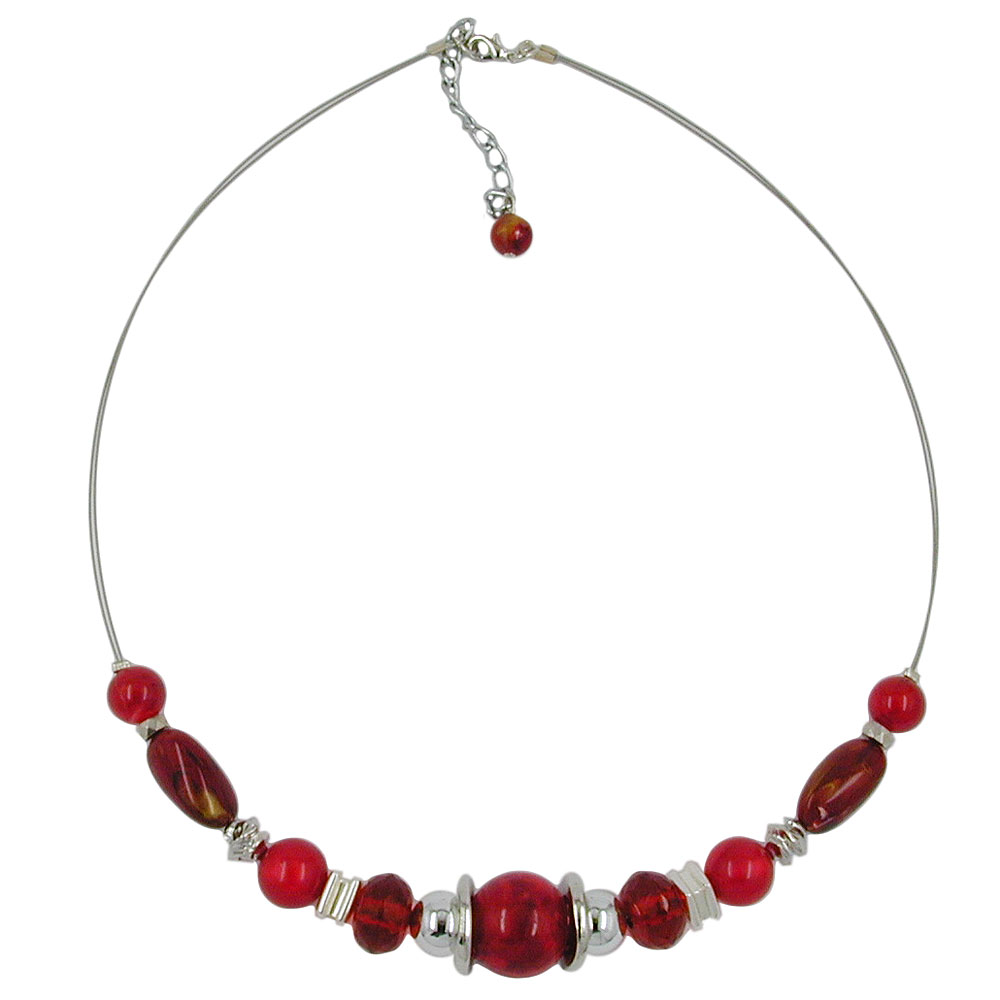 Kette Drahtkette rot seidig-glänzend silberfarben Kunststoffperlen 45cm (Länge 45cm, rot)