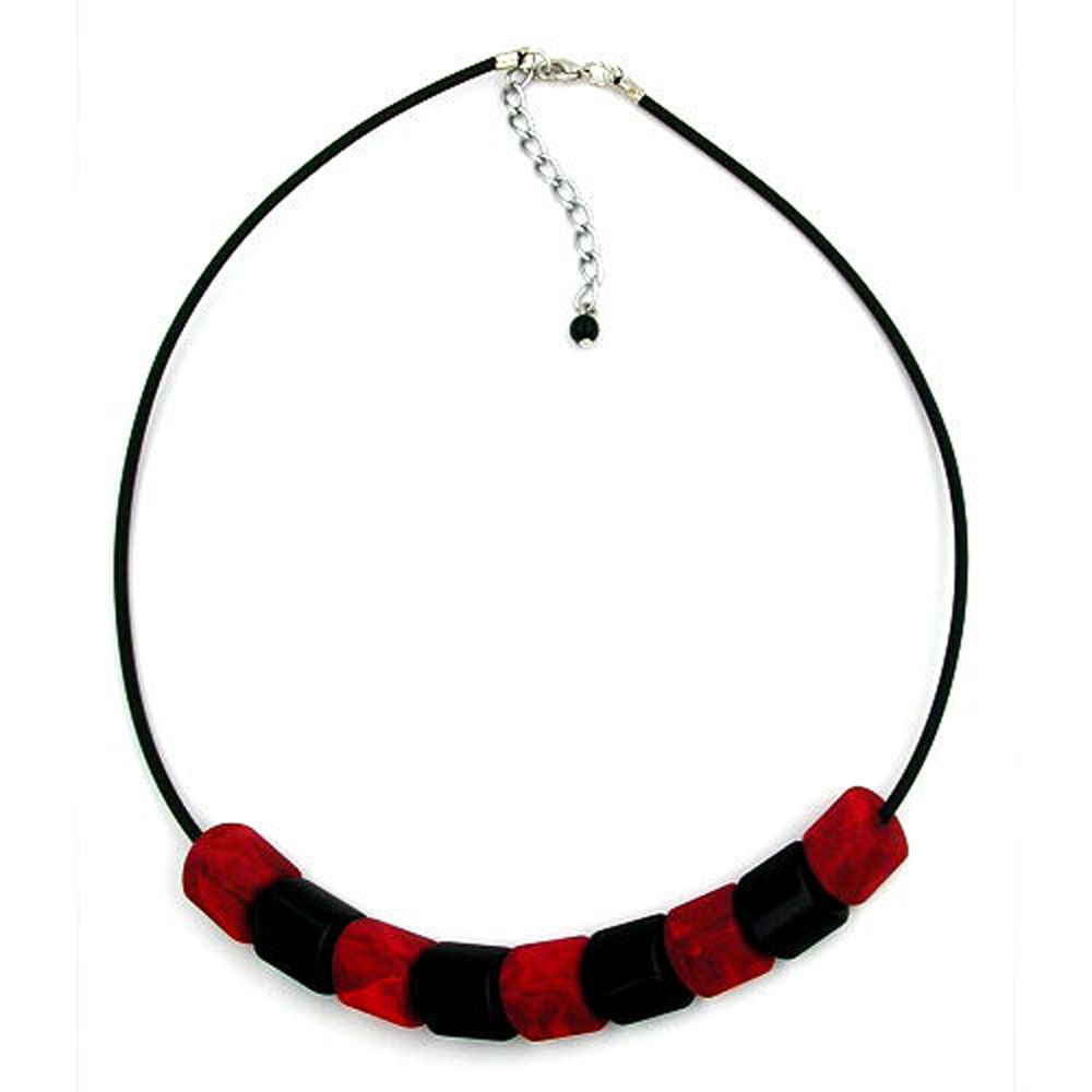 Kette Schrägperle Kunststoff rot-marmoriert-matt und schwarz Vollgummi schwarz 45cm (Länge 45cm)