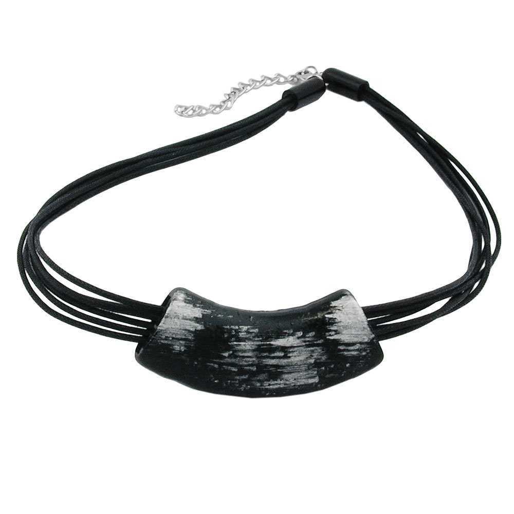 Kette 54x19mm Anhänger Rohr flach gebogen schwarz-silberstrich glänzend Kunststoff 45cm (Länge 45cm, schwarz)