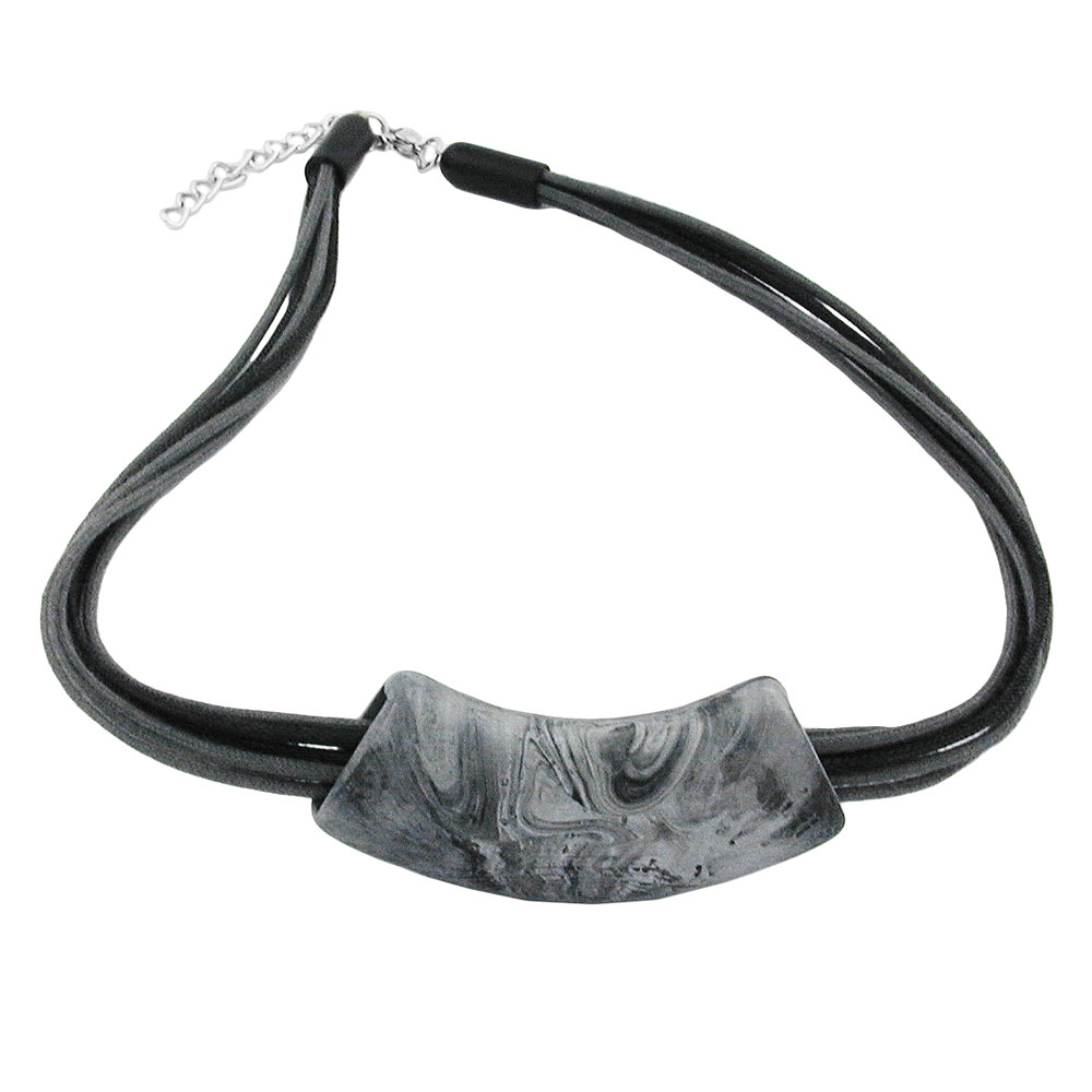 Kette 54x19mm Anhänger Rohr flach gebogen grau-schwarz-marmoriert matt Kunststoff 45cm (Länge 45cm, schwarz - grau)