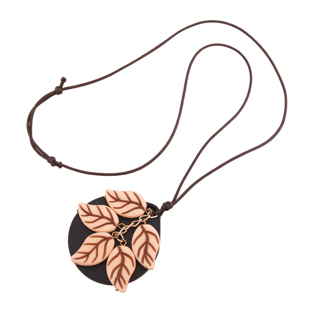 Kette Blätter beige-braun auf schwarzer Platte Kunststoff Kordel schwarz 90cm (Länge 90cm)
