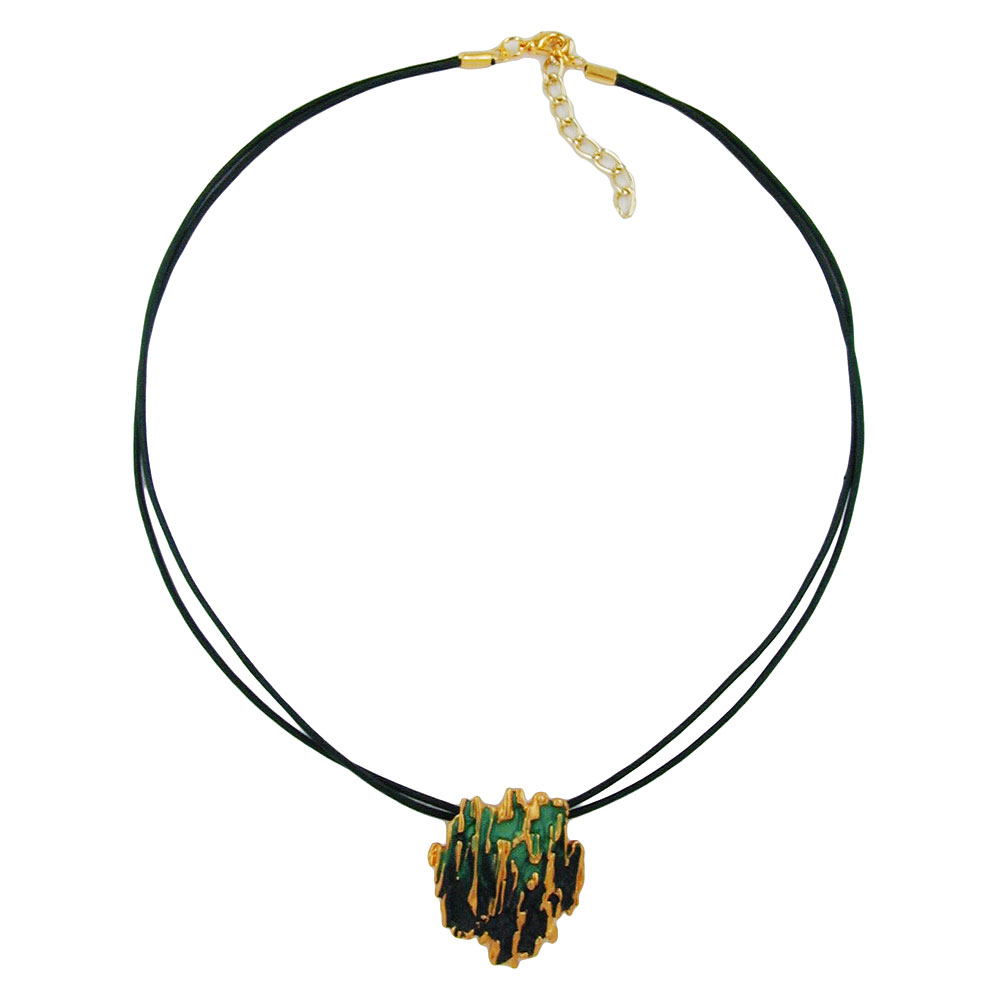 Kette 34x28mm Anhänger Borke grün-matt-goldfarben emailliert Metallguss Kordel dunkelgrün 42cm (Länge 42cm)