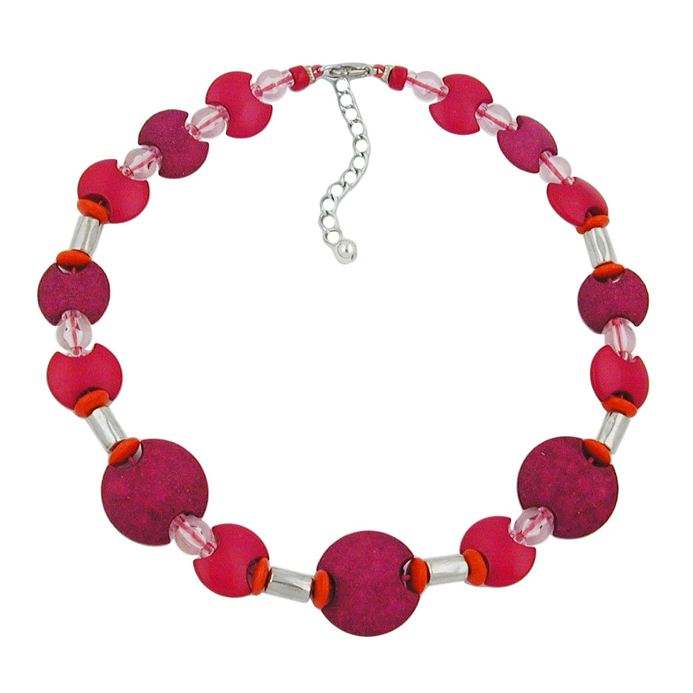Kette 17mm und 23mm Scheiben pink und Perlen weiß-transparent Kunststoff 42cm (Länge 42cm)