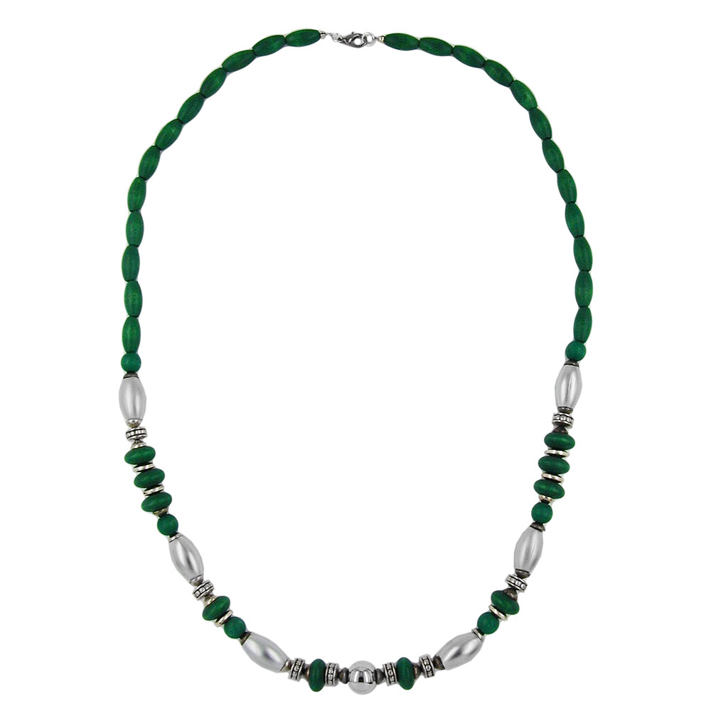 Kette 14x7mm Holzperlen grün mit Kunststoffperlen chrom matt 70cm (Länge 70cm)