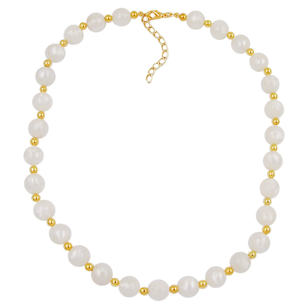 Kette 12mm Perlen seidig-weiß und 5mm goldfarbene Kunststoffperlen 80cm (Länge 42cm, gelb)