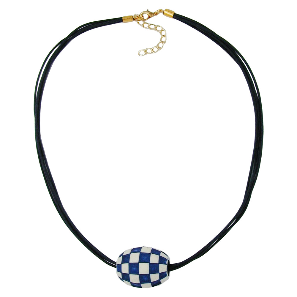 Kette 32x26mm Olive Kunststoff Karo beige und blau Kordel dunkelblau 50cm (Länge 50cm)