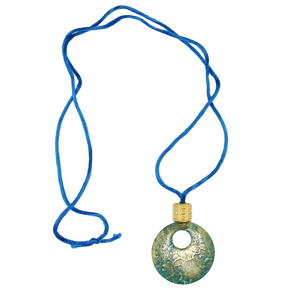 Kette 40mm Krokoplatte blau-türkis-goldschimmer Kunststoff Kordel blau 90cm (Länge 90cm)