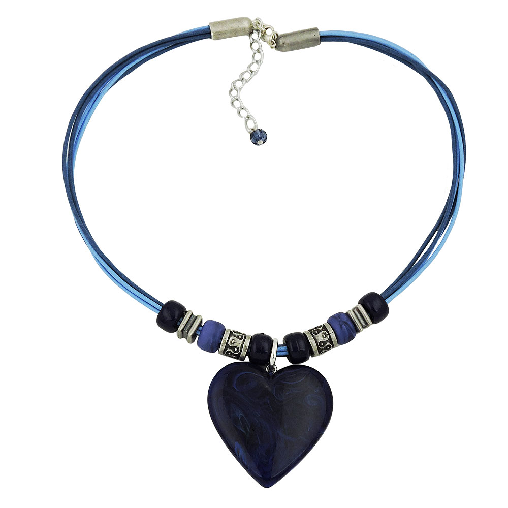 Kette Landhaus-Stil Kunststoffperlen Herz blau marmoriert Kordel blau 45cm (Länge 45cm, blau)