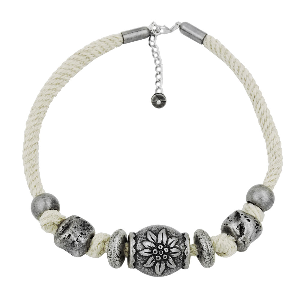 Kette Landhaus-Stil Kunststoffperle Edelweiß altsilber Kordel natur 42cm (Länge 42cm, natur)