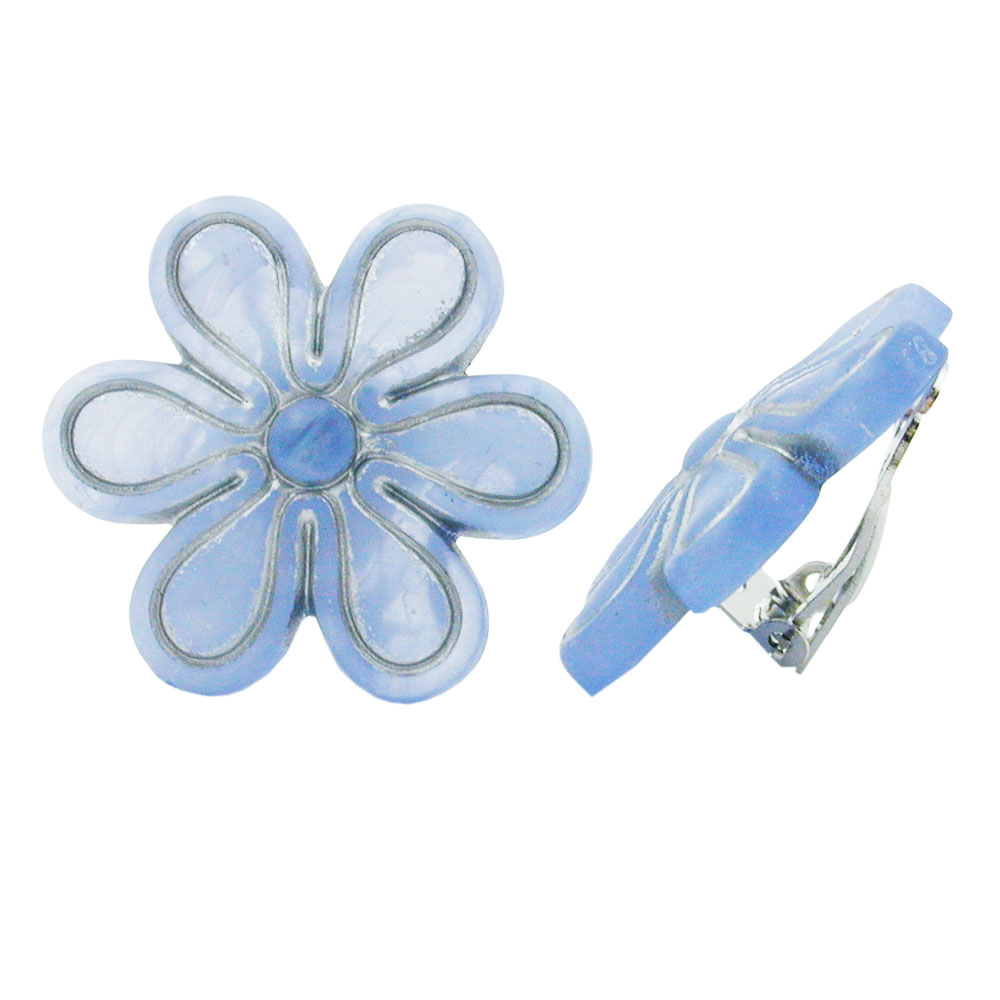 Clip Ohrring 30mm Blüte hellblau-transparent-silber matt Kunststoff-Bouton