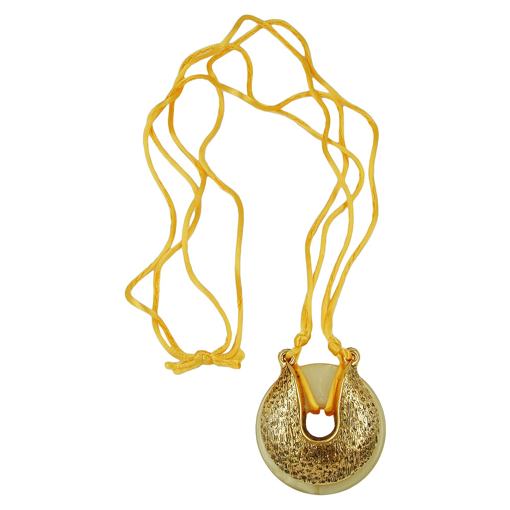 Kette 53mm Scheibe gelb seidig Amulett-Aufsatz altgoldfarben Kunststoff Atlasbiese gelb 90cm (Länge 90cm, gelb)
