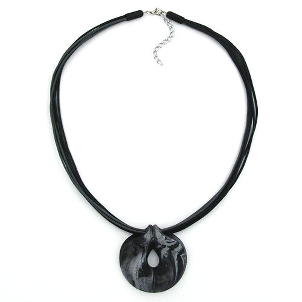 Kette 52mm Kunststoff Anhänger Amulett grau-silber marmoriert Kordel grau und schwarz 55cm (Länge 55cm)
