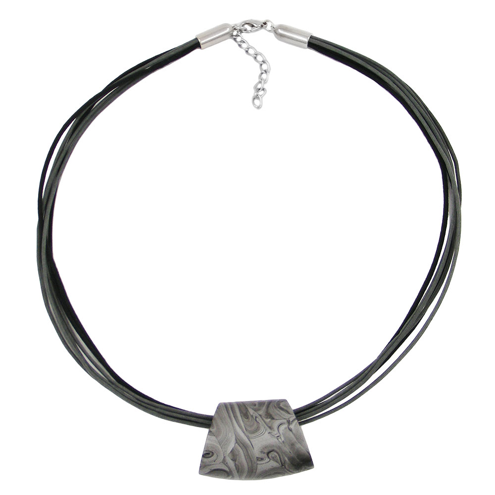 Kette Kunststoffperle Trapez silbergrau-marmoriert glänzend Kordel grau-schwarz 45cm (Länge 50cm)