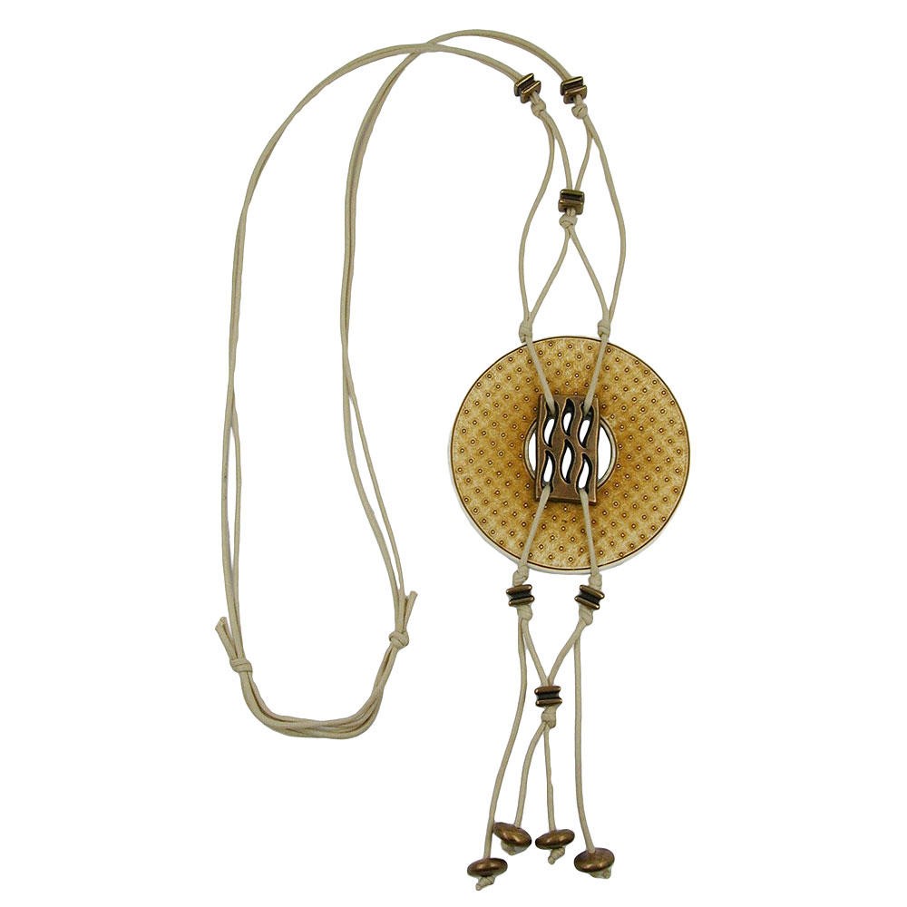 Kette 77mm Kunststoffanhänger Lochring beige-oliv altmessing Kordel grau 90cm (Länge 110cm)