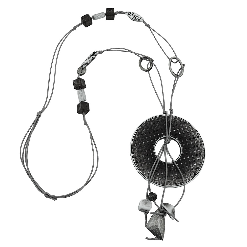 Kette 77mm Kunststoffanhänger Lochring grau-weiß Kordel grau 90cm (Länge 90cm, grau - weiß)