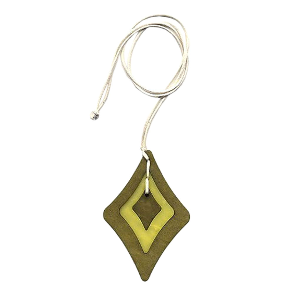 Kette 115x75 Kunststoff Rhombus oliv- und lindgrün Kordel beige-natur 90cm (Länge ca. 90cm)