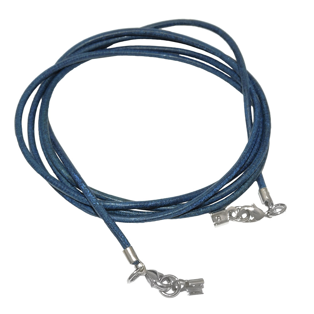 Lederband rund Rindleder 2mm blau gefärbt mit 2x Verschluss silberfarbig 1m (Länge 100cm, dunkelblau)