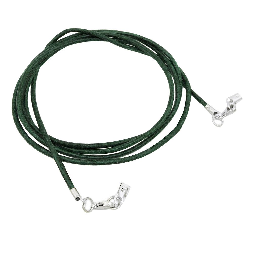 Lederband rund Rindleder 2mm grün gefärbt mit 2x Verschluss silberfarbig ca. 1m (Länge 100cm, dunkelgrün)