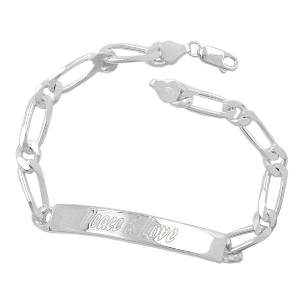 Schildarmband 6,5x2mm Figarokette Gravurplatte 45x7mm Peace & Love glänzend Silber 925 21cm (Länge 21cm)