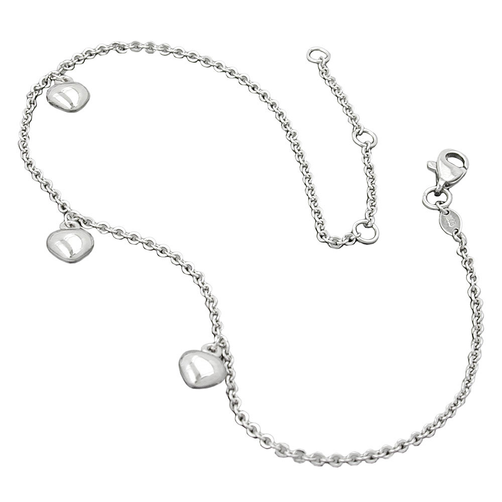 Fußkette 1,7mm Ankerkette längenvariabel mit 3 Herzen rhodiniert Silber 925 27cm (Länge 27cm)